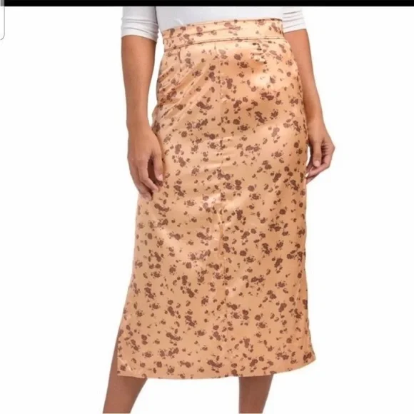 Zara gold / brown floral satin midi skirt with side slit - Picture 5 of 13